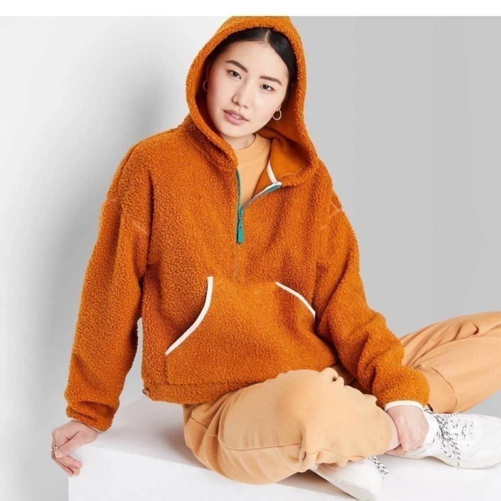 Wild Fable Rust Sherpa Cropped Half-zip Hoodie Jacket NWT size XS